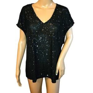 NWT CeCe Sz XL Black Semi Sheer Sequined Evening Bouse Elegant Classy Event